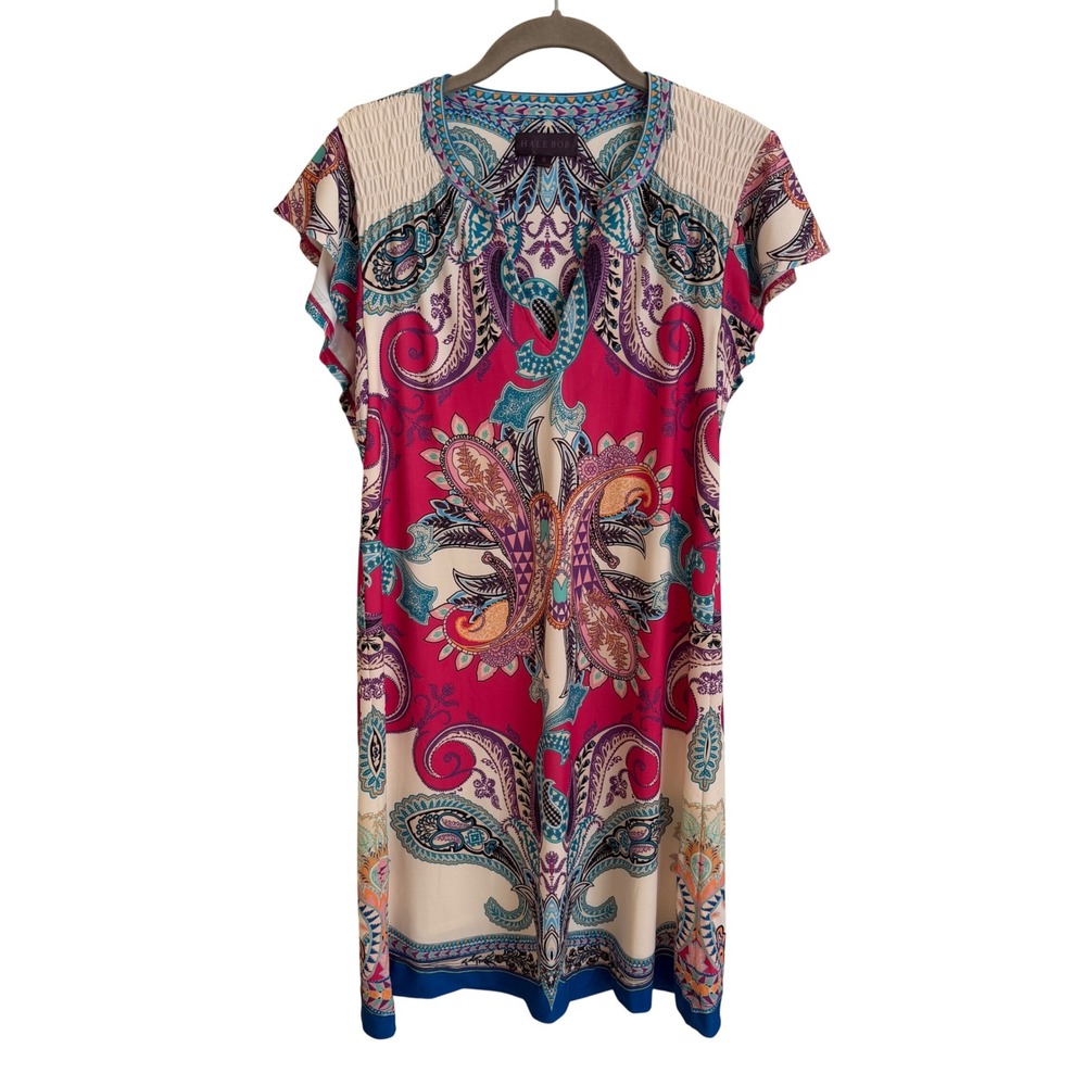 Hale Bob Pink Blue Paisley Mesh Shift Dress Smocked Shoulder Size S 92ER6657